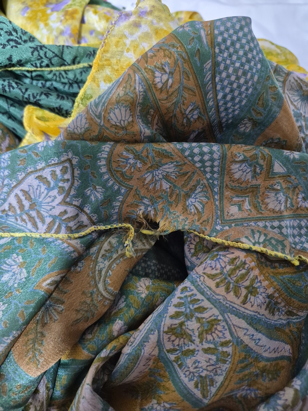 WEVEZ Silk Wrap Maxi Skirt XL Floral Boho Mixed Print Yellow Green - Picture 4 of 6